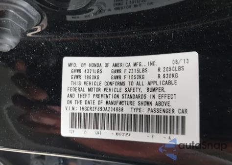2013 Honda Accord Ex-L from USA, damaged, VIN 1HGCR2F89DA234988